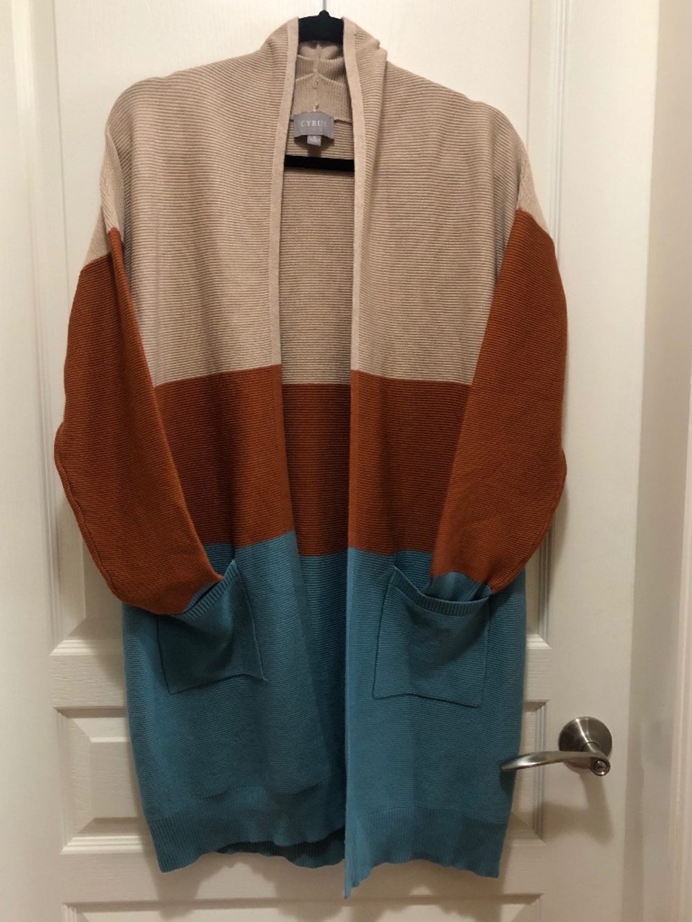 Women’s M cardigan color block tan rust teal easy fit